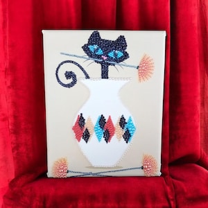 Atomic Cat Flower Vase Artwork: Embellished Mosaic Art Canvas for Vintage Mid-Century Kitchen Decor