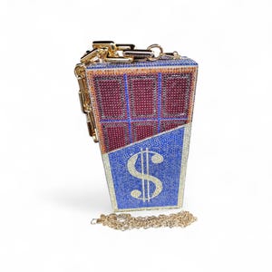 Rhinestone Bag Hard Case Clutch: Blue Red Square with Adjustable Strap