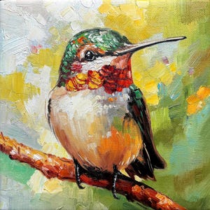 Framed Hummingbird Oil Painting: Impasto Bird Art, Nature Decor 10x10&quot;