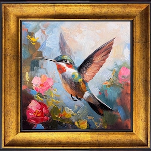 Hand-Painted Hummingbird Oil Painting: Framed Floral Farmhouse Art