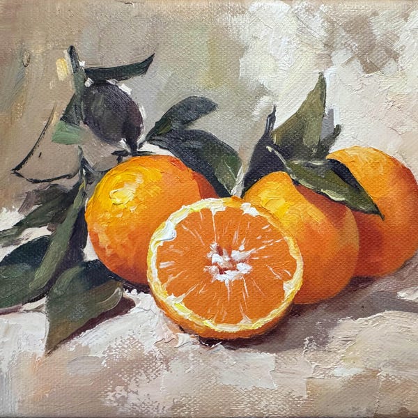 Inramad orange oljemålning: Citrus stilleben köksväggkonst