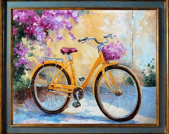 May include: A yellow bicycle with a basket full of purple flowers is parked in front of a yellow wall with purple flowers hanging from above.