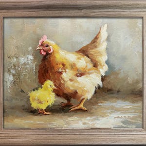 Framed Hen & Chicks Oil Painting: Farmhouse Kitchen Art, 11x13 inch