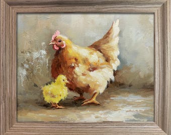 Framed Hen & Chicks Oil Painting: Farmhouse Kitchen Art, 11x13 inch