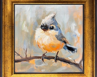 Framed Tufted Titmouse Oil Painting: Handmade Bird Art, Farmhouse Decor