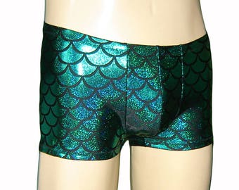 Men's Holographic Pouch Shorts, Green Merman Scales Booty Shorts - Halloween - Dancing Tree - Hot Pants - Hologram Shiny, Burningman, Cruise
