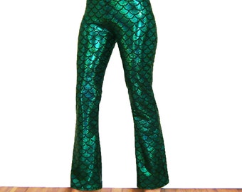 Mermaid Flare Pants Dragon Fish Scale Holographic Merman Ariel Halloween Triton Women's Men's Green Neptune Dancing Tree Creations Phish