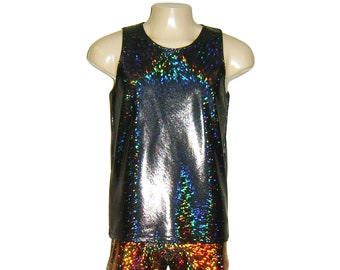Men's Black Holographic Sparkle Tank Top Singlet Burningman Stretch Tee Shirt Disco Sparkle Shiny Lame Rave EDC  Festival