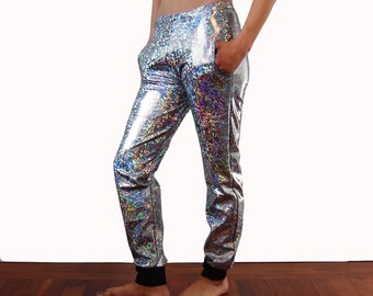 Holographic Sparkle Skinny Joggers Silver with Drawstring and Pockets, Skinny Pants, Men Women Lame, Dance Sweats Shiny Halloween Burningman