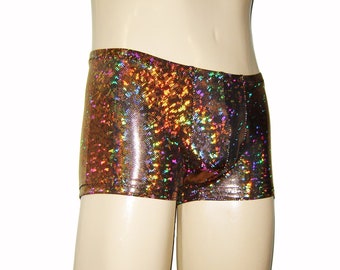 Men's Holographic Pouch Shorts, Festival Booty Shorts in Gold- Dancing Tree - Hot Pants - Hologram Shiny, Christmas, Burningman, Cruise