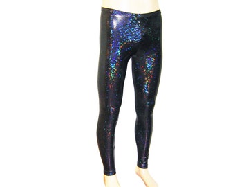 Black Holographic Leggings - Burningman, Halloween, Dancing Tree - Festival Shiny Sparkle Stretch Dance Women's Men's New Years Hologram