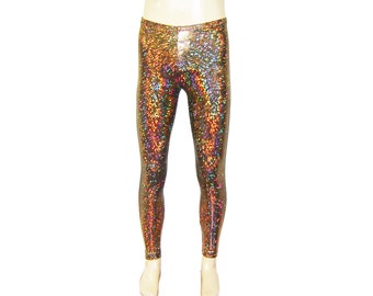 Gold Holographic Leggings - Burningman, Halloween, Festival Shiny Sparkle Stretch Dance Women's Men's New Years Hologram