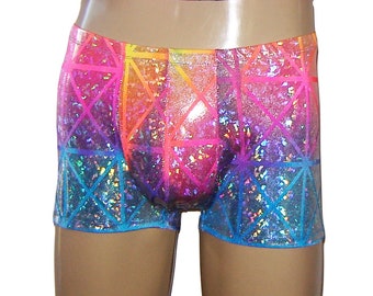 Men's Neon Rainbow Holographic Pouch Shorts Festival Booty Pride Dancing Tree Hot Pants Hologram Shiny Dance Burning man Cruise Valentine's