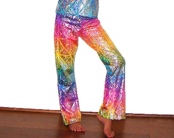 Kids Holographic Neon Rainbow Sparkle Pants Unicorn Sparkle Pony Flare Leggings Super Hero Dance Christmas Hologram Boys Girls Glitter Disco