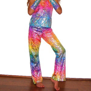 Kids Holographic Neon Rainbow Sparkle Pants Unicorn Sparkle Pony Flare Leggings Super Hero Dance Costume Hologram Boys Girls Glitter Disco image 1