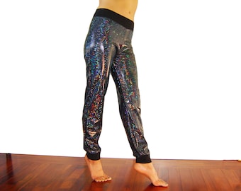 Holographic Black Sparkle Skinny Joggers, Pants, Men Women Sequin Lame, Dance Sweats Shiny Dancing Tree Creations Halloween Burningman