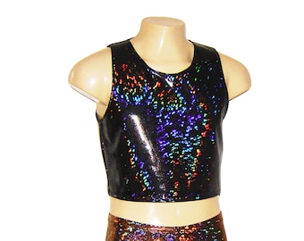 6 Colors Men's Holographic Sparkle Cropped Short Tank Top Singlet Silver Burningman Stretch Tee Shirt Metallic Shiny Lame Rave EDC  Festival