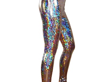 Silver Holographic Leggings - Burningman, Halloween, Metallic - Festival Shiny Sparkle Pants Stretch Dance Women's Men's New Years Hologram