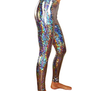 Leggings scintillanti olografici argento Burning man Halloween Metallic Festival Pantaloni lucidi Stretch Dance Donna Uomo Capodanno Mardi Gras immagine 1