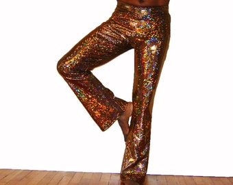 Rock Star Holographic Flare Disco Pants, Halloween, Sparkle Shine Hologram Silver Black Gold Men's Women's Barbie Hippy Dance Burningman