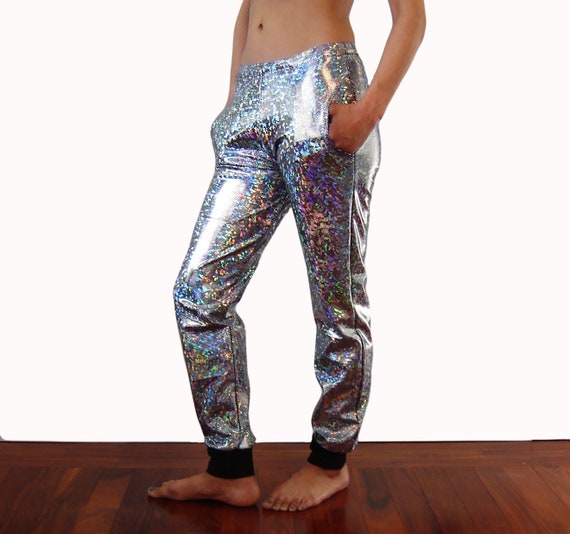 Holographic Sparkle Skinny Joggers Silver With Drawstring and