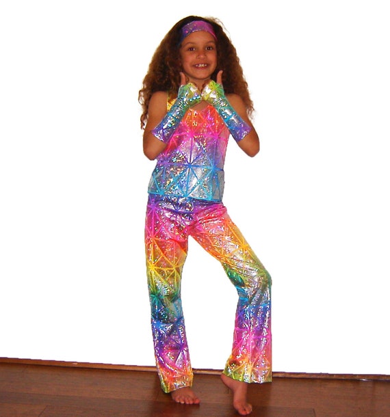 Kids Holographic Neon Rainbow Sparkle Pants Unicorn Sparkle Pony Flare  Leggings Super Hero Dance Costume Hologram Boys Girls Glitter Disco 