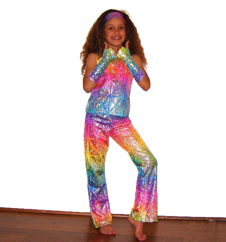 Kids Holographic Neon Rainbow Sparkle Pants Unicorn Sparkle Pony Flare Leggings Super Hero Dance Costume Hologram Boys Girls Glitter Disco image 1