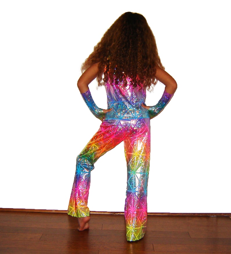 Kids Holographic Neon Rainbow Sparkle Pants Unicorn Sparkle Pony Flare Leggings Super Hero Dance Costume Hologram Boys Girls Glitter Disco image 3