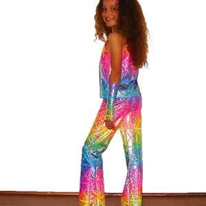 Kids Holographic Neon Rainbow Sparkle Pants Unicorn Sparkle Pony Flare Leggings Super Hero Dance Costume Hologram Boys Girls Glitter Disco image 2