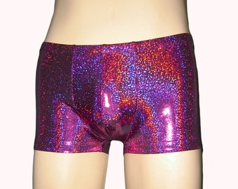 Men's Holographic Pouch Shorts, Fuchsia Pink Booty Shorts Halloween Valentines Stocking Stuffer Hologram Shiny, Burningman, Cruise
