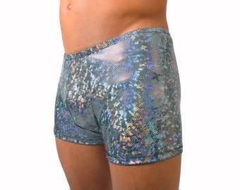 Men's Silver Holographic Pouch Shorts Festival Booty Shorts Dancing Tree Creations Hot Pants Hologram Shiny Dance Burningman Cruise Gift