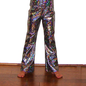 7 Colors Kids Holographic Shiny Sparkle Pants Flare Leggings Super Hero Dance Costume Silver Gold, Rainbow, Mermaid Boys Girls Barbie Disco