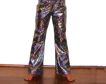 7 Colors Kids Holographic Shiny Sparkle Pants Flare Leggings Super Hero Dance Costume Silver Gold, Rainbow, Mermaid Boys Girls Barbie Disco