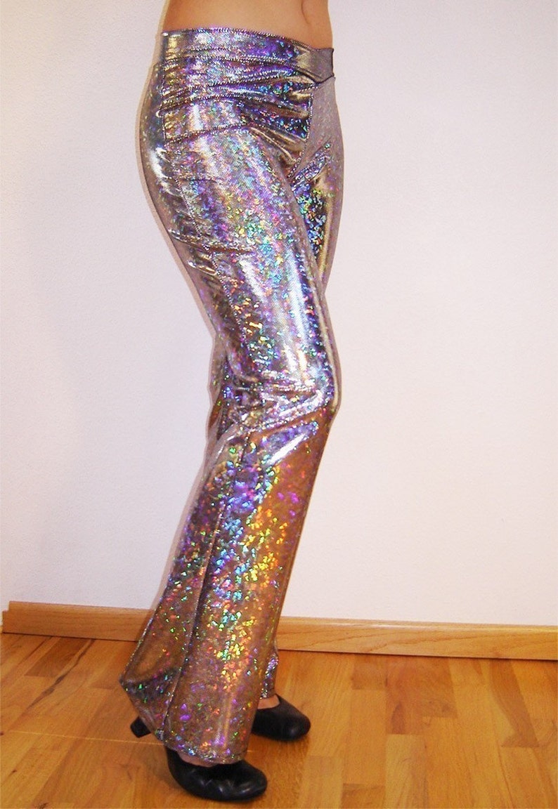 Rock Star Holographic Flare Disco Pants, Halloween, Sparkle Shine Hologram Silver Black Gold Men's Women's Barbie Hippy Dance Burningman image 2