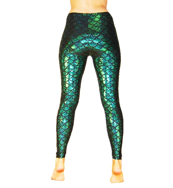 Green Mermaid Leggings Dragon Fish Scale Holographic Sparkle Pants