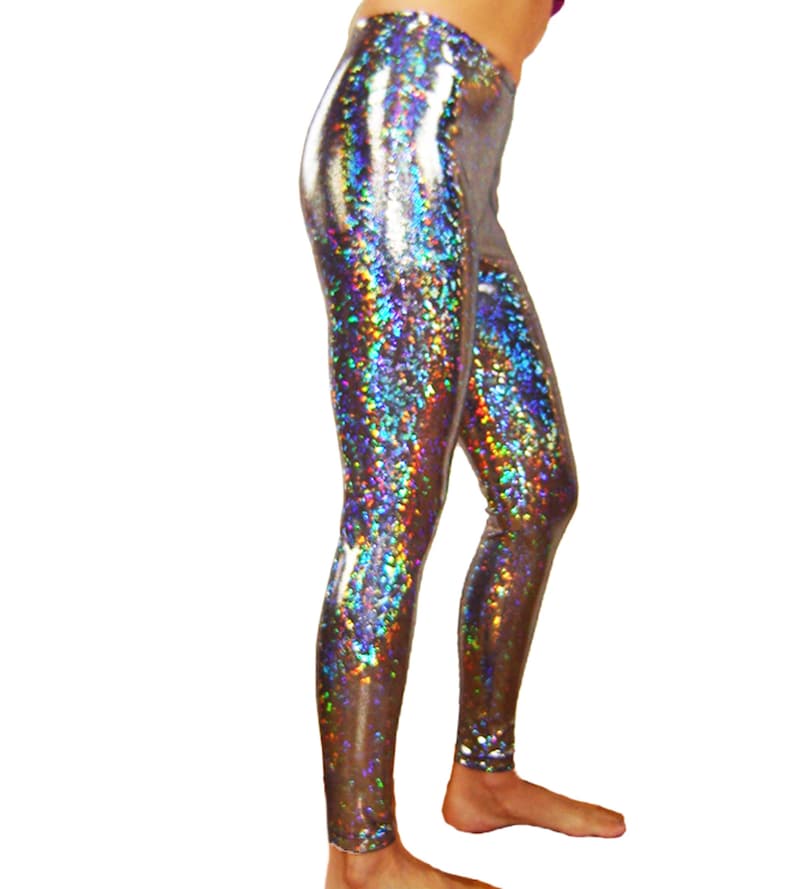 Leggings scintillanti olografici argento Burning man Halloween Metallic Festival Pantaloni lucidi Stretch Dance Donna Uomo Capodanno Mardi Gras immagine 1