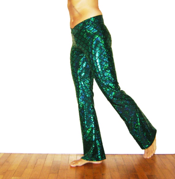 Green Merman Holograph Leggings // Metallic Men's Mermaid Meggings, Green  Fish Scale 