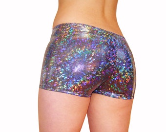 6 Colors Holographic Women's Booty Shorts, Burningman, Hot Pants, Halloween EDC Shiny Hologram Dancing Tree Carnaval, Roller Derby