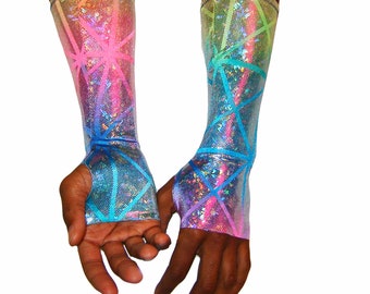 9 Colors Holographic Thumb Hole Gloves Sparkly Arm Warmers Pride Rave Festival Burningman Halloween stocking Christmas Hanukkah Kwanzaa EDC