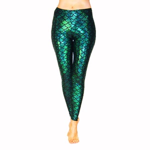 Green Mermaid Leggings Dragon Fish Scale Holographic Sparkle Pants