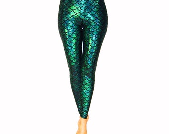 Green Mermaid Leggings Dragon Fish Scale Holographic Sparkle Pants Turquoise Ariel Men's Halloween New Year's String Cheese Christmas Phish