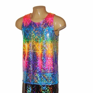 Men's Holographic Neon Rainbow Sparkle Tank Top Singlet Unicorn Burningman Tie Dye Shiny Lame Pride Rave EDC Festival New Years Christmas image 1