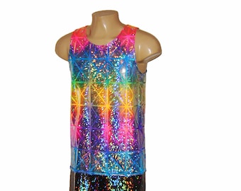 Men's Holographic Neon Rainbow Sparkle Tank Top Singlet Burningman Tie Dye Halloween Pride Rave EDC Festival New Years Christmas Blacklight