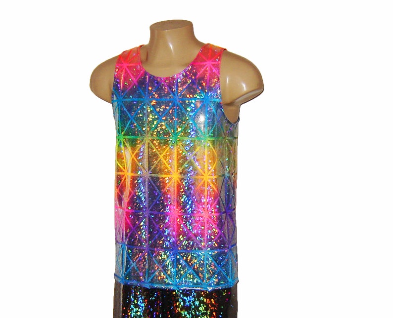 Men's Holographic Neon Rainbow Sparkle Tank Top Singlet Unicorn Burningman Tie Dye Shiny Lame Pride Rave EDC Festival New Years Christmas image 1