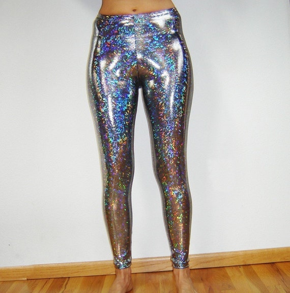 Silver Holographic Sparkle Leggings Burning Man Halloween Metallic Festival  Shiny Pants Stretch Dance Women's Men's New Years Mardi Gras 