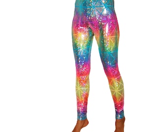 Rainbow Holographic Leggings Unicorn Shiny Sparkle Pony Neon Blacklight Pride Halloween Rave Tie Dye Women's Men Dancing Tree Electric Daisy