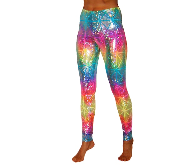 Rainbow Holographic Leggings Unicorn Shiny Sparkle Pony Neon Blacklight  Pride Halloween Rave Tie Dye Women's Men Dancing Tree Electric Daisy 