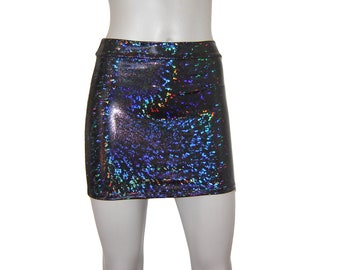 Shiny Holographic Black Mini Booty Skirt Flashy Fitted Rave Dance Burning man Sparkle Electric Daisy Hologram Sixties Disco Soul Halloween