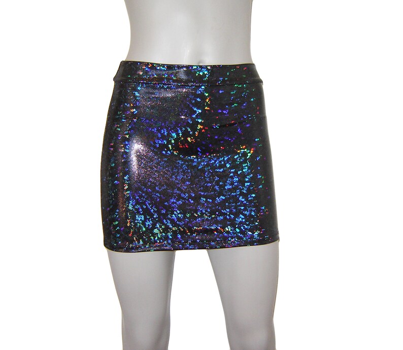 Shiny Holographic Black Mini Booty Skirt Flashy Fitted Rave Dance Burning man Sparkle Electric Daisy Hologram Sixties Disco Soul imagem 1