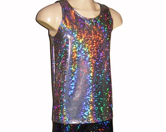 Men's Holographic Sparkle Tank Top Singlet Silver Burningman Stretch Tee Shirt Metallic Shiny Lame Rave EDC  Festival Dance